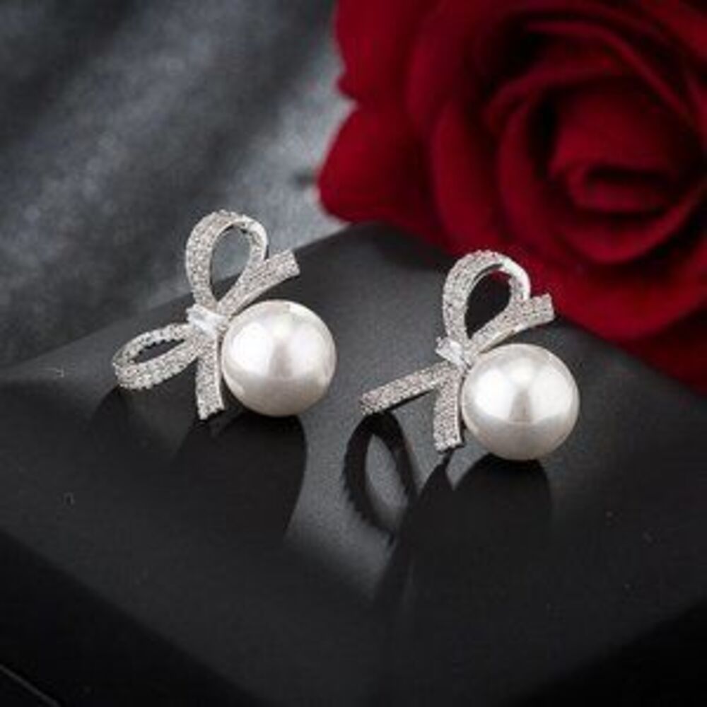 925 Sterling Silver Pearl Diamond Bow Earrings